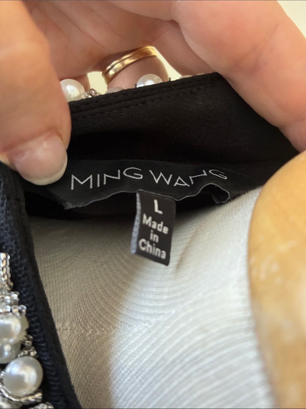 Ming Wang Black Midi Shift Dress with Faux Pearl Accents - Picture 2 of 7